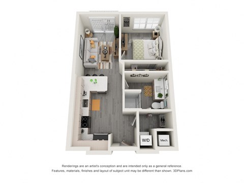 Floor plan for 1 bed, 1 bath, 585 sqft
